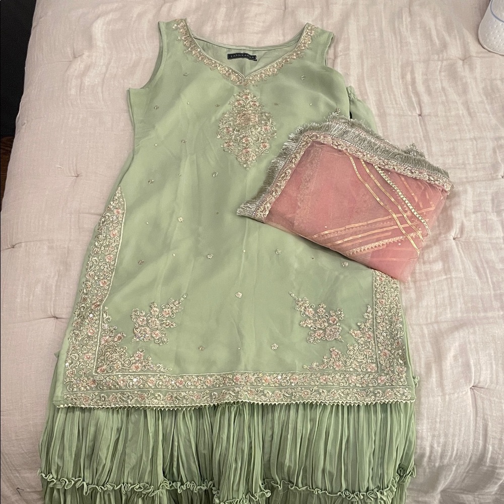 Light Green Embroidered Sharara Suit - M